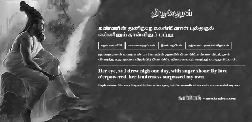 Kannin Thuniththe Kalanginaal Pulludhal Enninum Thaanvidhup Putru | கண்ணின் துனித்தே கலங்கினாள் புல்லுதல் கண்ணின் துனித்தே கலங்கினாள் புல்லுதல் | Kural No - 1290 | Thirukkural Meaning & Definition in Tamil and English
