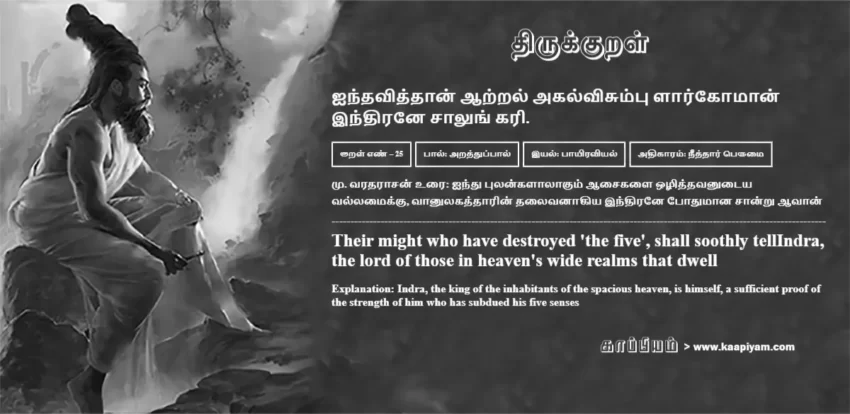 Aindhaviththaan Aatral Akalvisumpu Laarkomaan Indhirane Saalung Kari | ஐந்தவித்தான் ஆற்றல் அகல்விசும்பு ளார்கோமான் ஐந்தவித்தான் ஆற்றல் அகல்விசும்பு ளார்கோமான் | Kural No - 25 | Thirukkural Meaning & Definition in Tamil and English