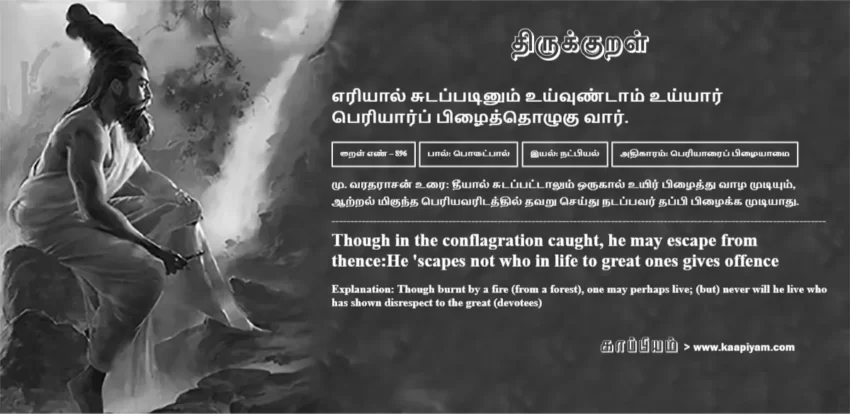 Eriyaal Sutappatinum Uyvuntaam Uyyaar Periyaarp Pizhaiththozhuku Vaar | எரியால் சுடப்படினும் உய்வுண்டாம் உய்யார் எரியால் சுடப்படினும் உய்வுண்டாம் உய்யார் | Kural No - 896 | Thirukkural Meaning & Definition in Tamil and English
